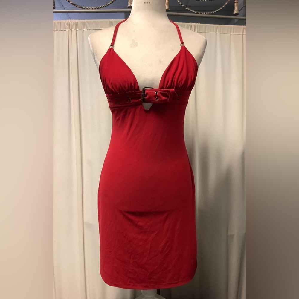 Unyx Y2K Polyester Red Buckle Halter Dress